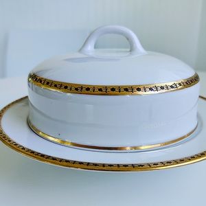 VTG Classic White 22K gold black China Covered Butter/Cheese Dish w/Strainer